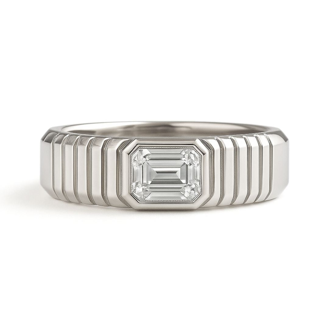East-West Emerald Diamond with Grooved Band